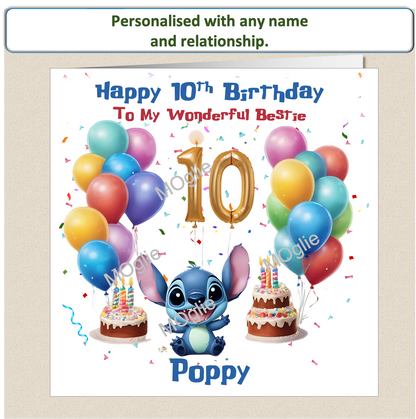 Personalised Lilo and Stitch 10th Birthday Cards with name and relationship