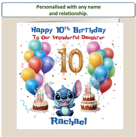 Personalised Lilo and Stitch 10th Birthday Cards with name and relationship