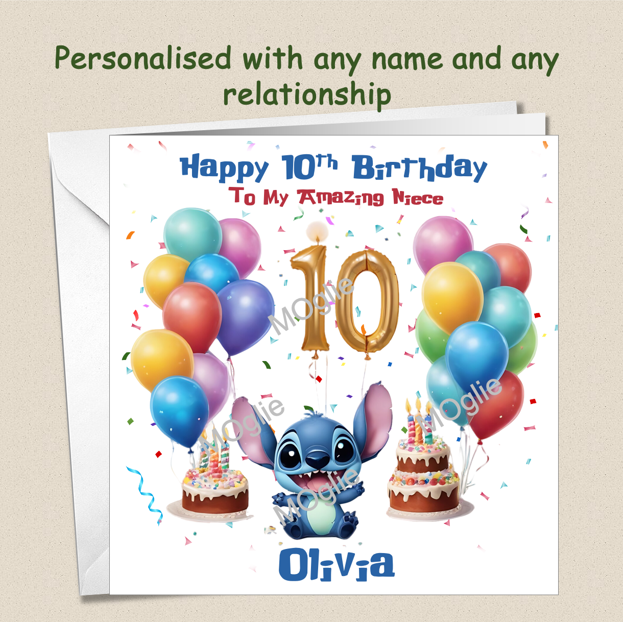 Personalised Lilo and Stitch 10th Birthday Cards with name and relationship