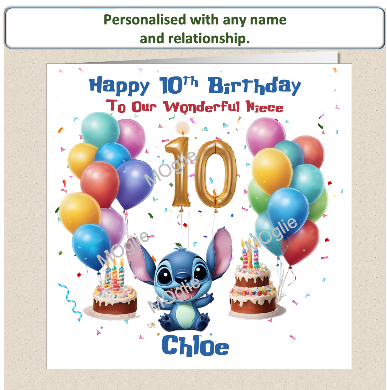 Personalised Lilo and Stitch 10th Birthday Cards with name and relationship