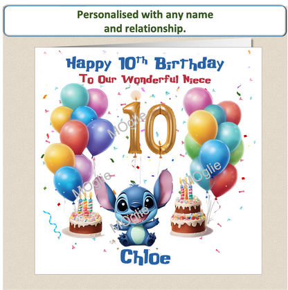 Personalised Lilo and Stitch 10th Birthday Cards with name and relationship