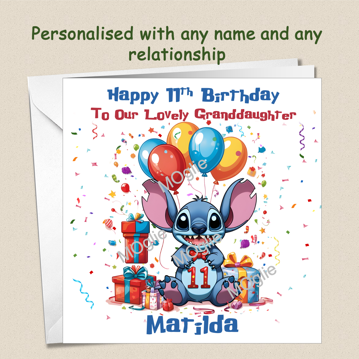 Personalised Lilo and Stitch 11th Birthday Cards with name and relationship