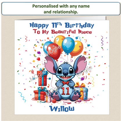 Personalised Lilo and Stitch 11th Birthday Cards with name and relationship