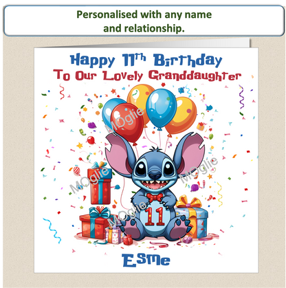 Personalised Lilo and Stitch 11th Birthday Cards with name and relationship