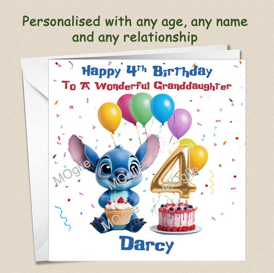 Personalised Lilo and Stitch 4th Birthday Cards with name and relationship
