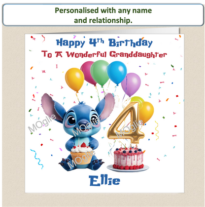 Personalised Lilo and Stitch 4th Birthday Cards with name and relationship