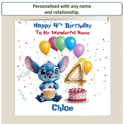 Personalised Lilo and Stitch 4th Birthday Cards with name and relationship