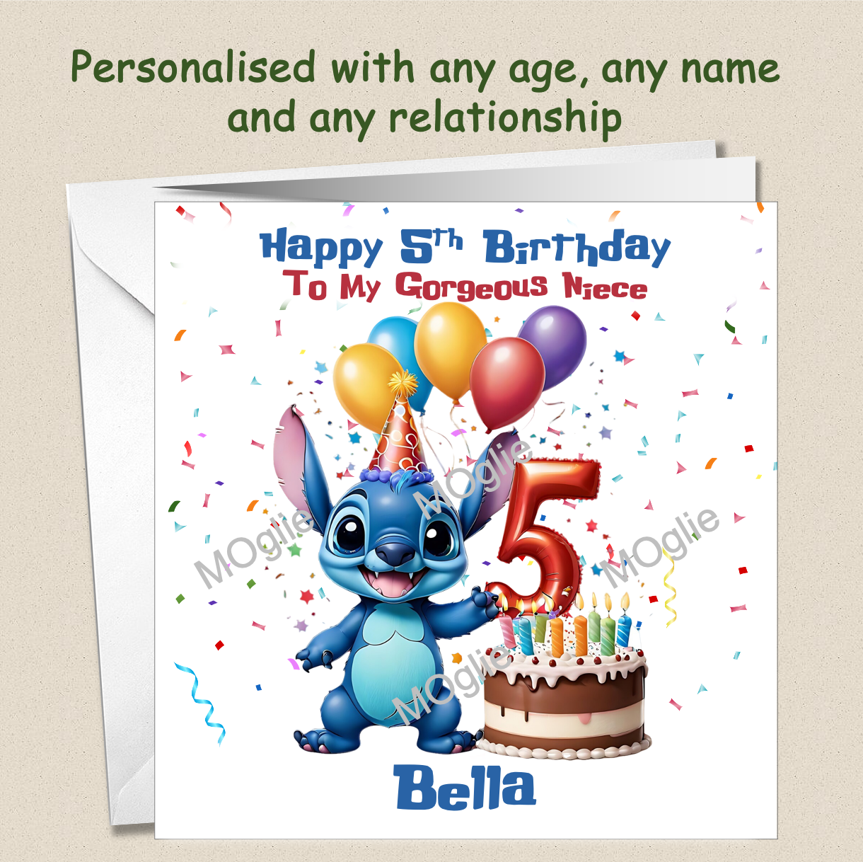 Personalised Lilo and Stitch 5th Birthday Cards with name and relationship