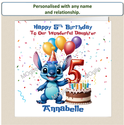 Personalised Lilo and Stitch 5th Birthday Cards with name and relationship