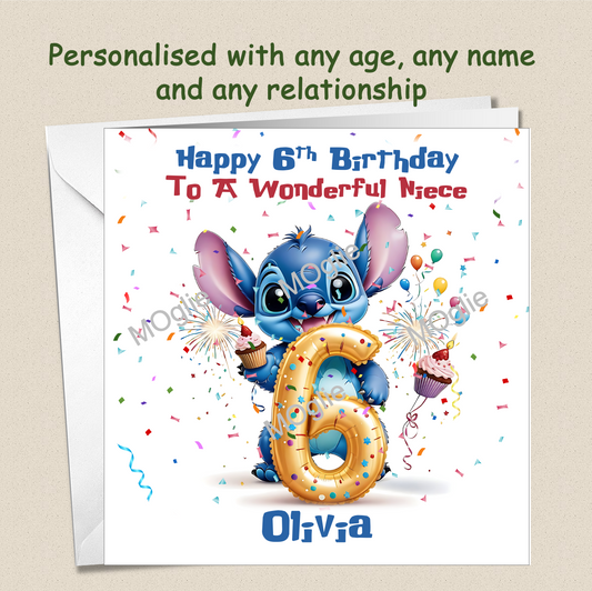 Personalised Lilo and Stitch 6th Birthday Cards with name and relationship