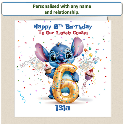 Personalised Lilo and Stitch 6th Birthday Cards with name and relationship