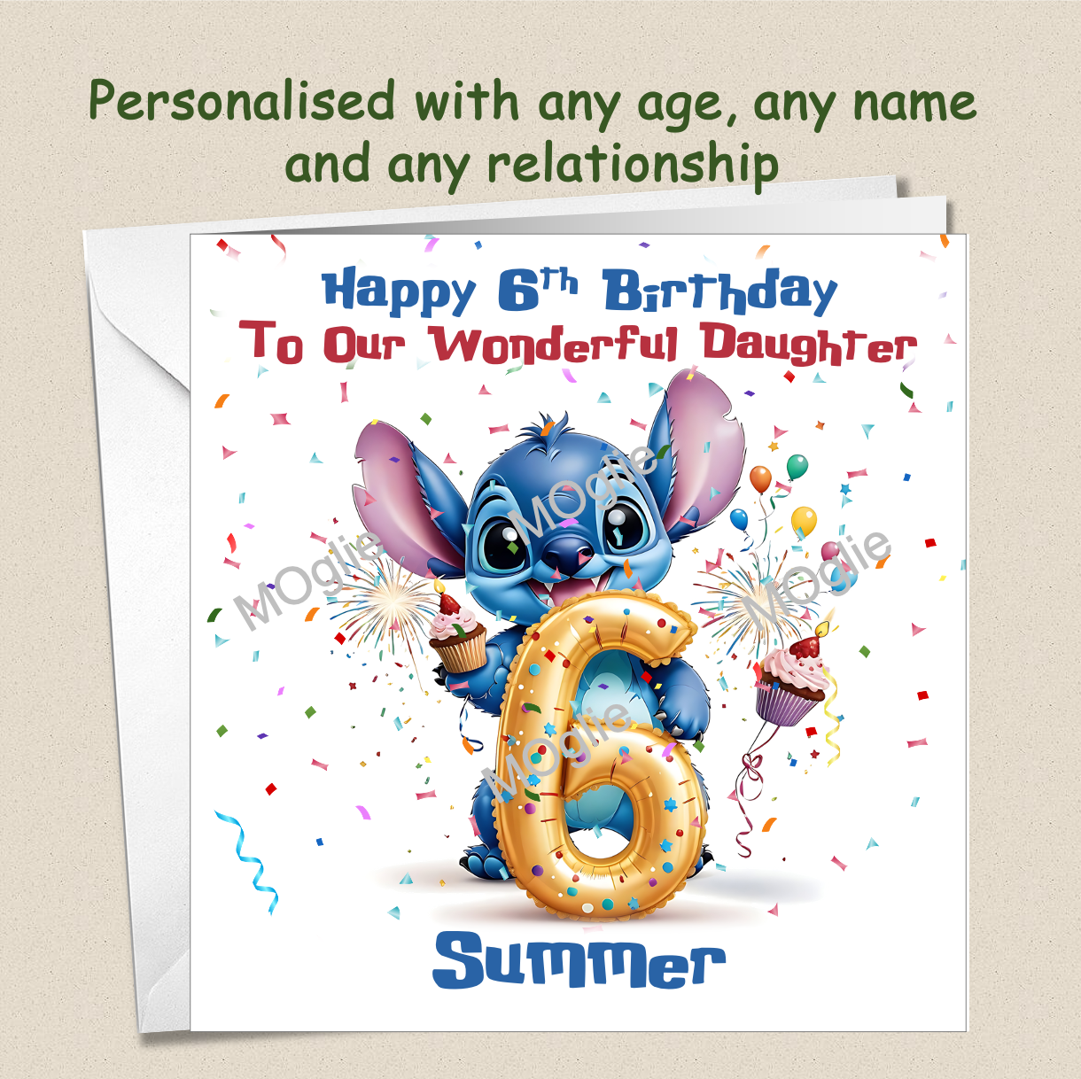 Personalised Lilo and Stitch 6th Birthday Cards with name and relationship
