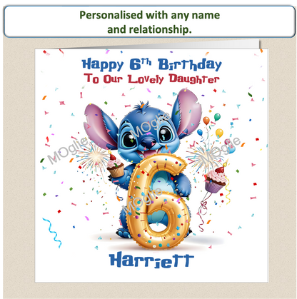 Personalised Lilo and Stitch 6th Birthday Cards with name and relationship