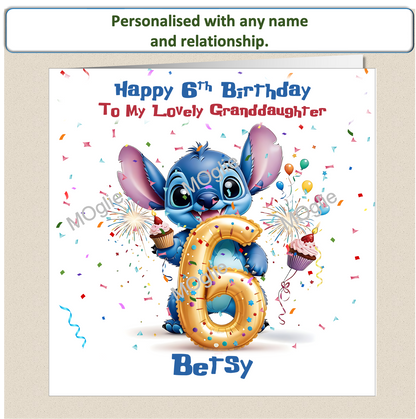 Personalised Lilo and Stitch 6th Birthday Cards with name and relationship