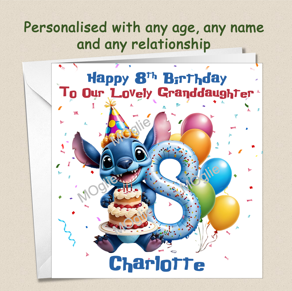 Personalised Lilo and Stitch 8th Birthday Cards with name and relationship