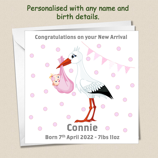 Personalised New Baby Arrival Announcement Card - Stork Pink