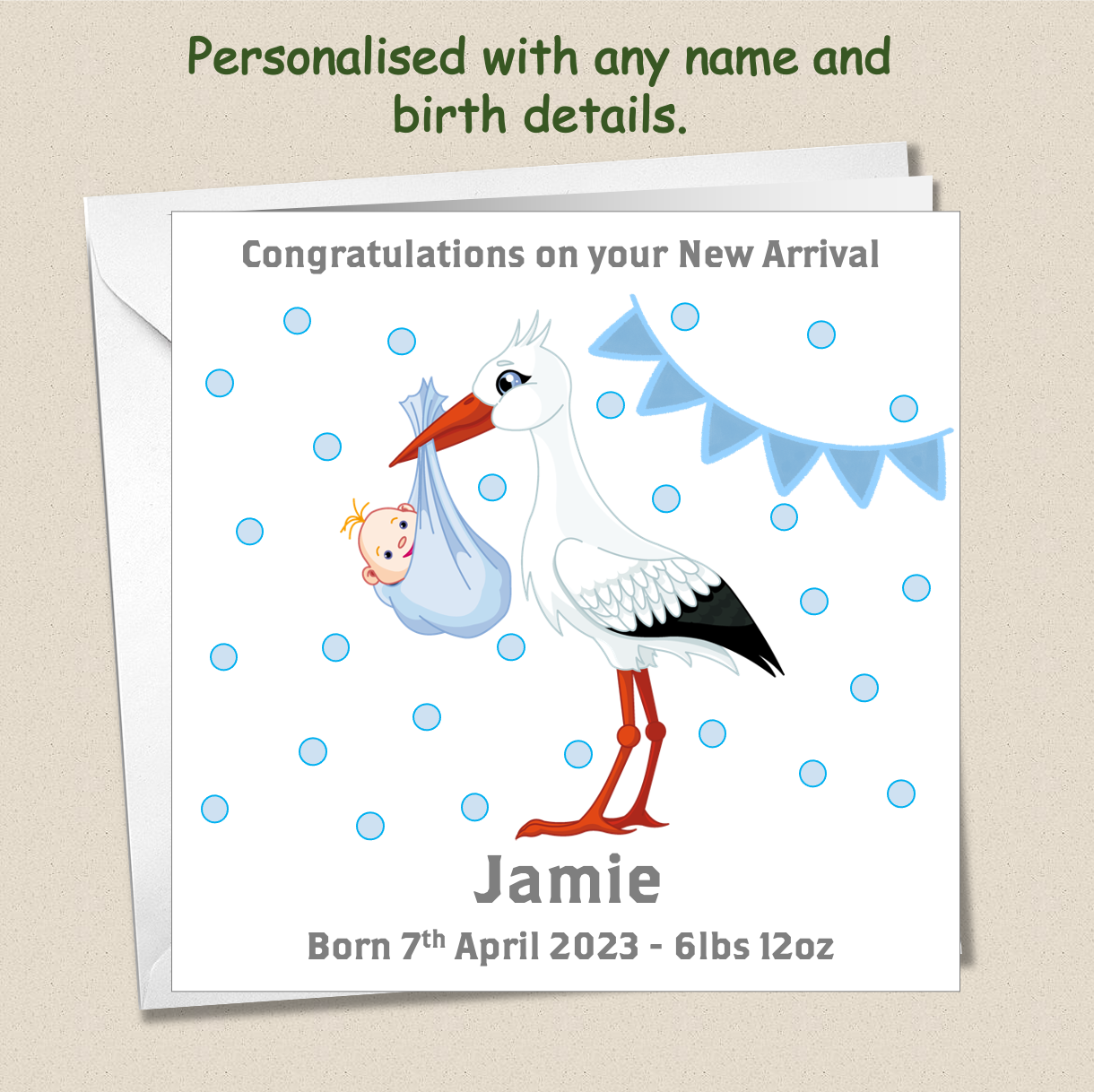 Personalised New Baby Arrival Announcement Card - Stork Blue