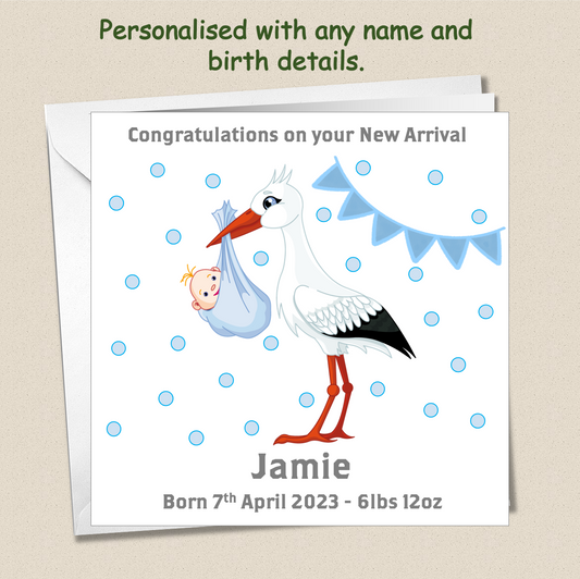 Personalised New Baby Arrival Announcement Card - Stork Blue