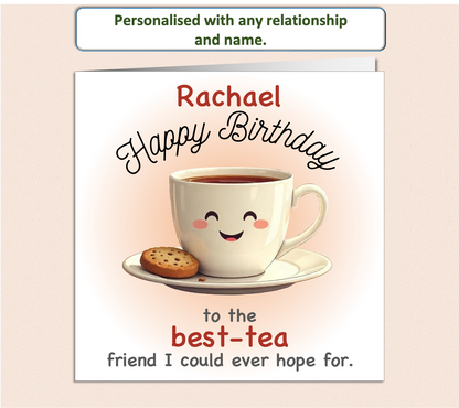 Personalised best-tea (bestie) tea cup and biscuit Birthday Card
