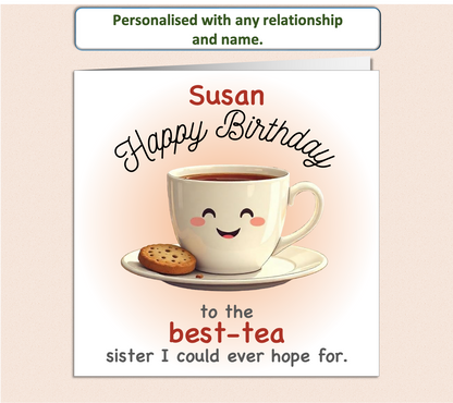 Personalised best-tea (bestie) tea cup and biscuit Birthday Card