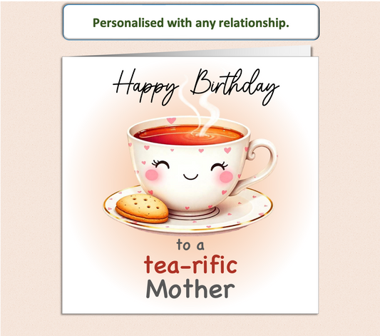 Personalised tea-rific smiling heart tea cup and biscuit Birthday Card