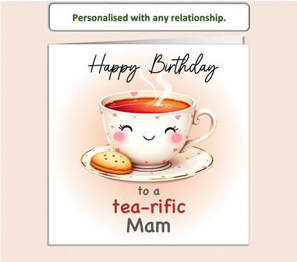 Personalised tea-rific smiling heart tea cup and biscuit Birthday Card