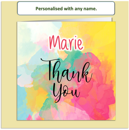 Personalised Thank You Card – Bright Watercolour Splash Design – Custom Name