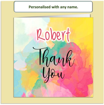 Personalised Thank You Card – Bright Watercolour Splash Design – Custom Name