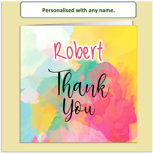 Personalised Thank You Card – Bright Watercolour Splash Design – Custom Name