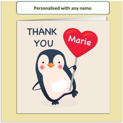 Personalised Penguin Thank You Card – Custom Name Heart Balloon