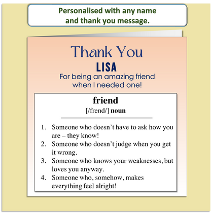 Personalised Thank You Card – Friendship Definition Design – Custom Name & Message