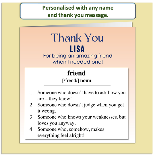 Personalised Thank You Card – Friendship Definition Design – Custom Name & Message