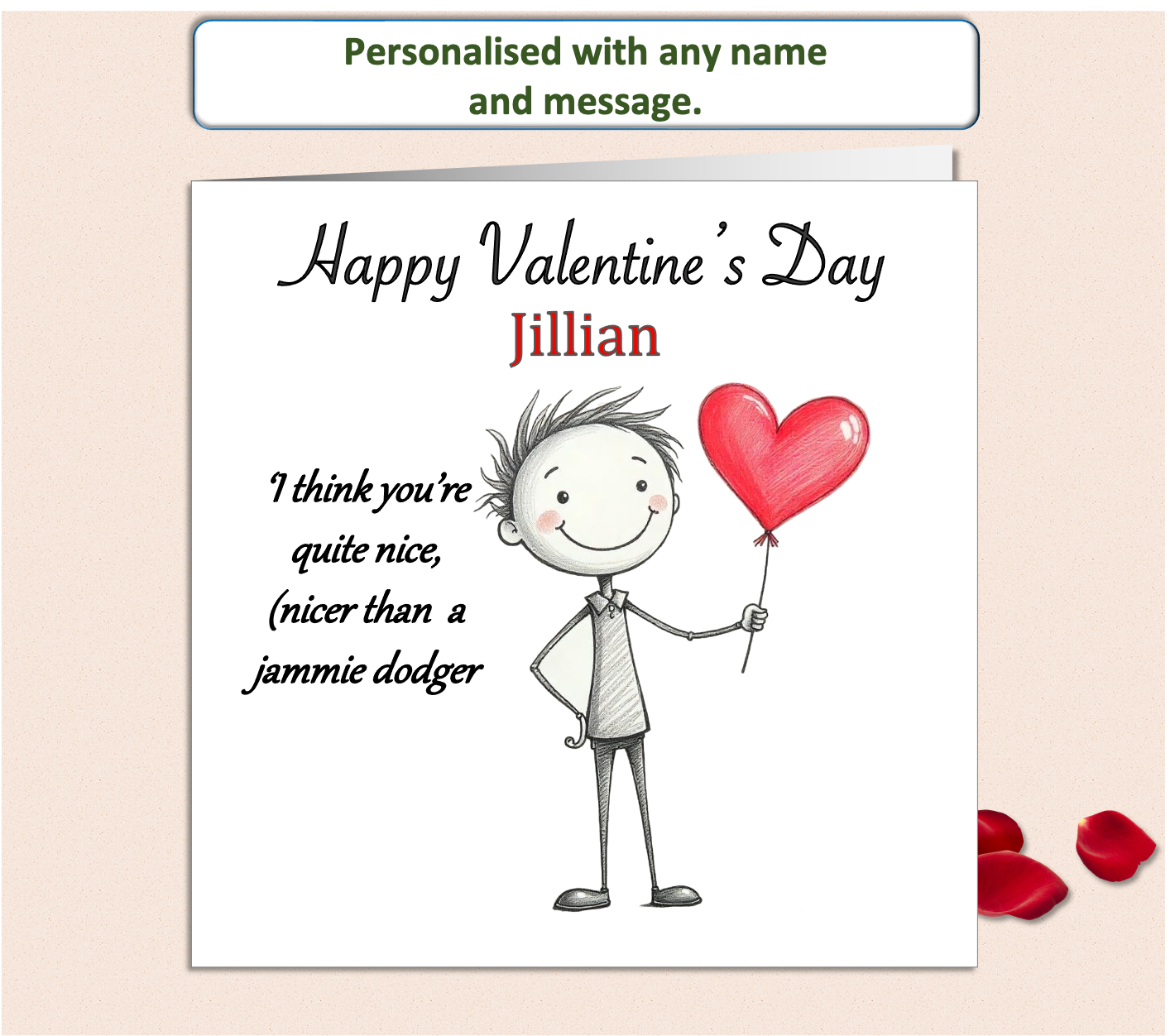 A Valentine’s Day card featuring a cute, innocent pencil sketch of a stick boy holding a bright red heart. The design includes a gentle, loving message,