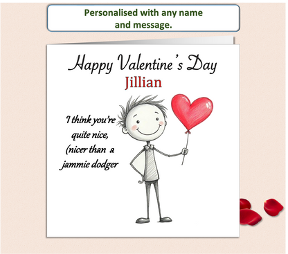 A Valentine’s Day card featuring a cute, innocent pencil sketch of a stick boy holding a bright red heart. The design includes a gentle, loving message,