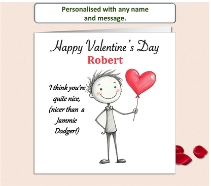 A Valentine’s Day card featuring a cute, innocent pencil sketch of a stick boy holding a bright red heart. The design includes a gentle, loving message,