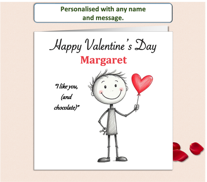 valentines card with a pencil sketch male holding a red heart and saying I like you and chocolate