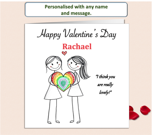 Personalised 'Mollie and Doodle' LGBTQ+ Female Valentine Card - rainbow heart