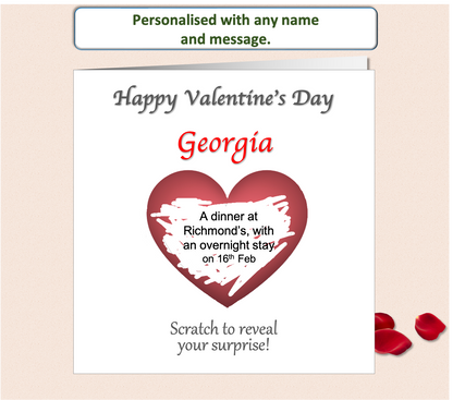 valentines card of a single red heart that is scratched off to reveal a surprise gift or romantic message.  Personalised with the recipient's name.