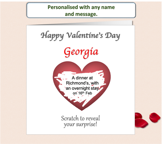 valentines card of a single red heart that is scratched off to reveal a surprise gift or romantic message.  Personalised with the recipient's name.