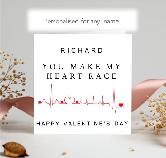 Personalised You Make My Heart Race Happy Valentine's Day Card