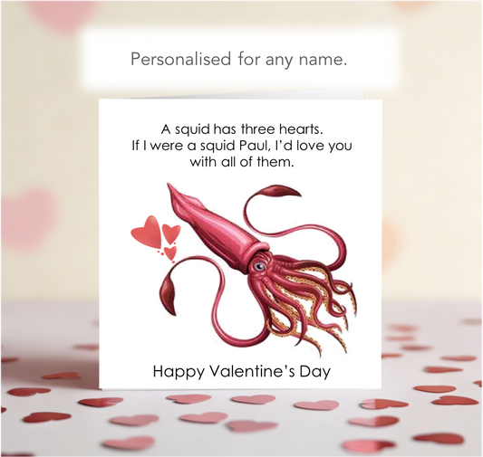 Personalised Squid Three Hearts Valentine Card