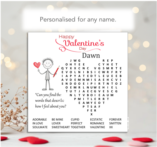 Personalised 'Mollie and Doodle' Wordsearch Valentine Card - Doodle
