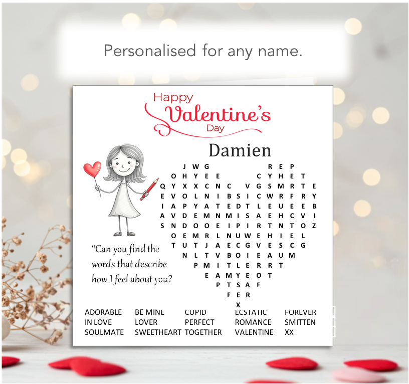 Personalised 'Mollie and Doodle' Wordsearch Valentine Card - Mollie
