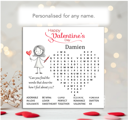 Personalised 'Mollie and Doodle' Wordsearch Valentine Card - Mollie