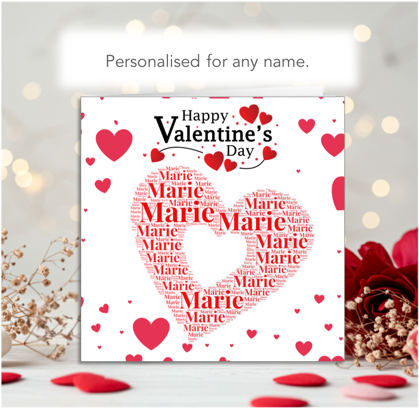 Personalised Wordart Name Filled Heart Valentine Card