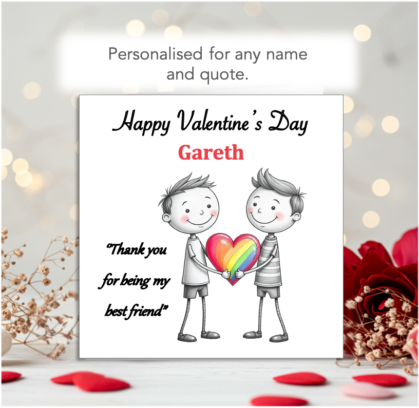 Personalised 'Mollie and Doodle' LGBTQ+ men Valentine Card - rainbow heart
