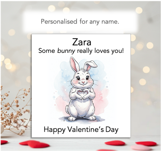 Personalised Bunny Valentine’s Day Card – Cute Rabbit Design with Name
