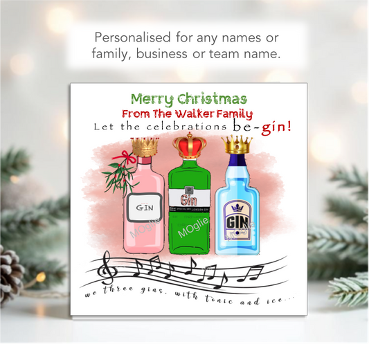 Personalised 3 Gins Themed Christmas Card from a Family or Business