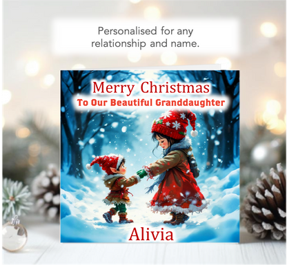 Personalised Christmas Card - Young Girl dancing with Elf