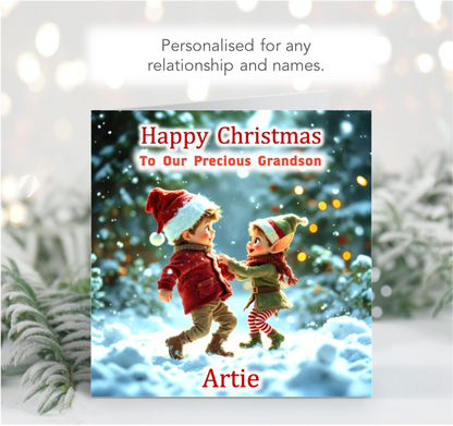 Personalised Christmas Card - Young Boy dancing with Elf
